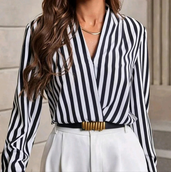 Tops - Striped Print Surplice Neck Blouse